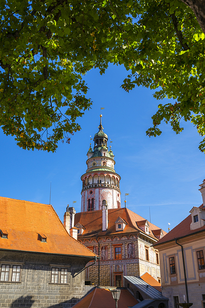 State Castle and Chateau Cesky Krumlov tower and blue sky, UNESCO World Heritage Site, Cesky Krumlov, South Bohemian Region, Czech Republic (Czechia), Europe