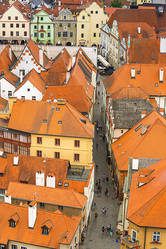 High angle view of houses in historical center of Cesky Krumlov, UNESCO World Heritage Site, Cesky Krumlov, Czech Republic (Czechia), Europe