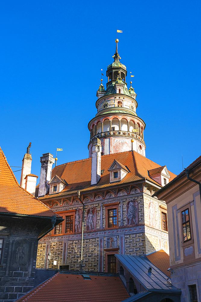 State Castle and Chateau Cesky Krumlov tower amidst blue sky, UNESCO World Heritage Site, Cesky Krumlov, South Bohemian Region, Czech Republic (Czechia), Europe