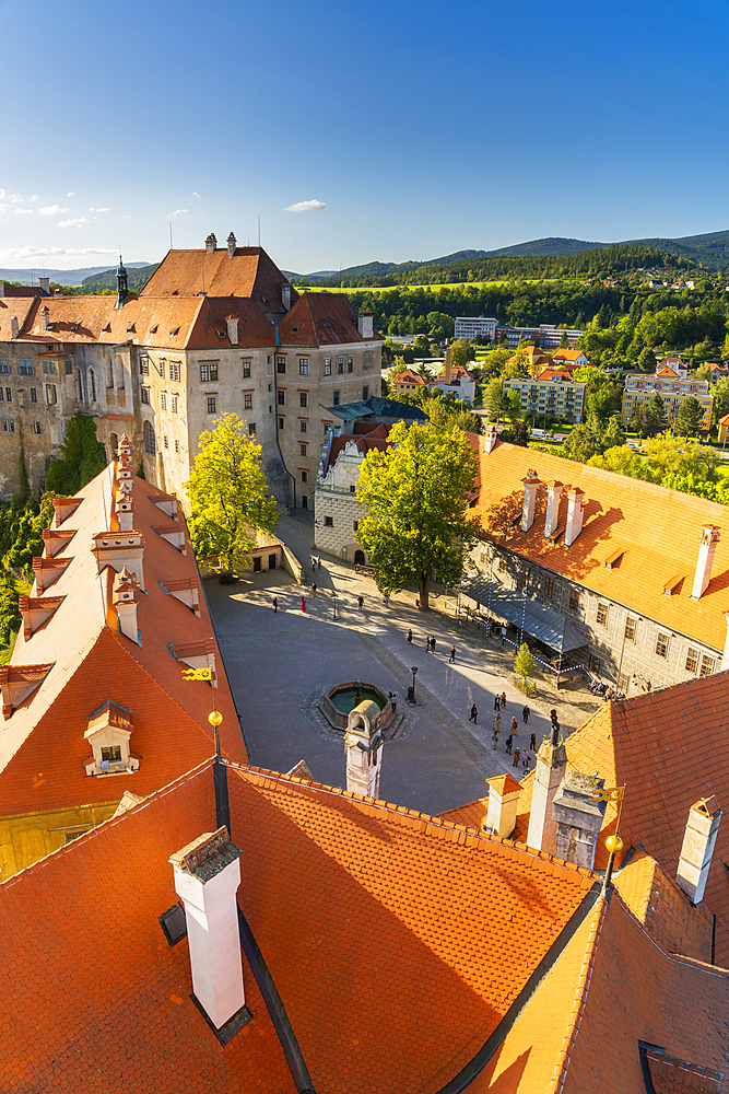 High angle view of grounds of State Castle And Chateau Cesky Krumlov, UNESCO World Heritage Site, Cesky Krumlov, South Bohemian Region, Czech Republic (Czechia), Europe