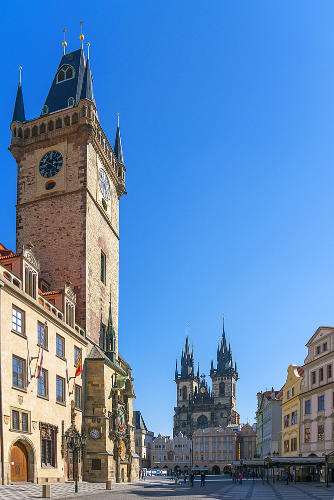 Astronomical clock and Tyn Church at Old Town Square, UNESCO World Heritage Site, Prague, Bohemia, Czech Republic (Czechia), Europe