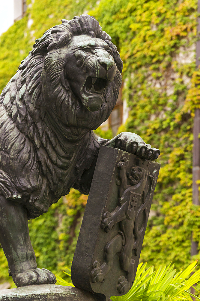 Statue of lion with Czech coat of arms, Strahov Monastery, Prague, Czech Republic (Czechia), Europe