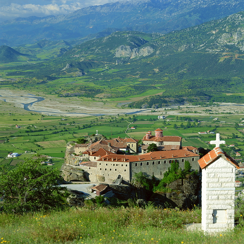 The Monastery of St. Stephens with river and valley beyond, and hills in the background, at Meteora, UNESCO World Heritage Site, Greece,Europe