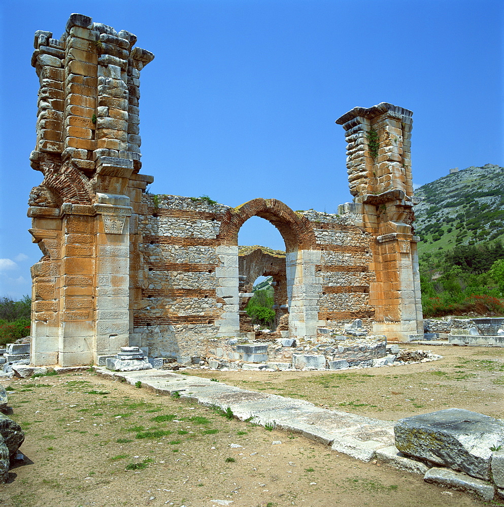 Ruins of gateway and wall in the town built for Octavia over the assassins of Julius Caesar in 42 BC, at Philippi (Filipi), Greece, Europe