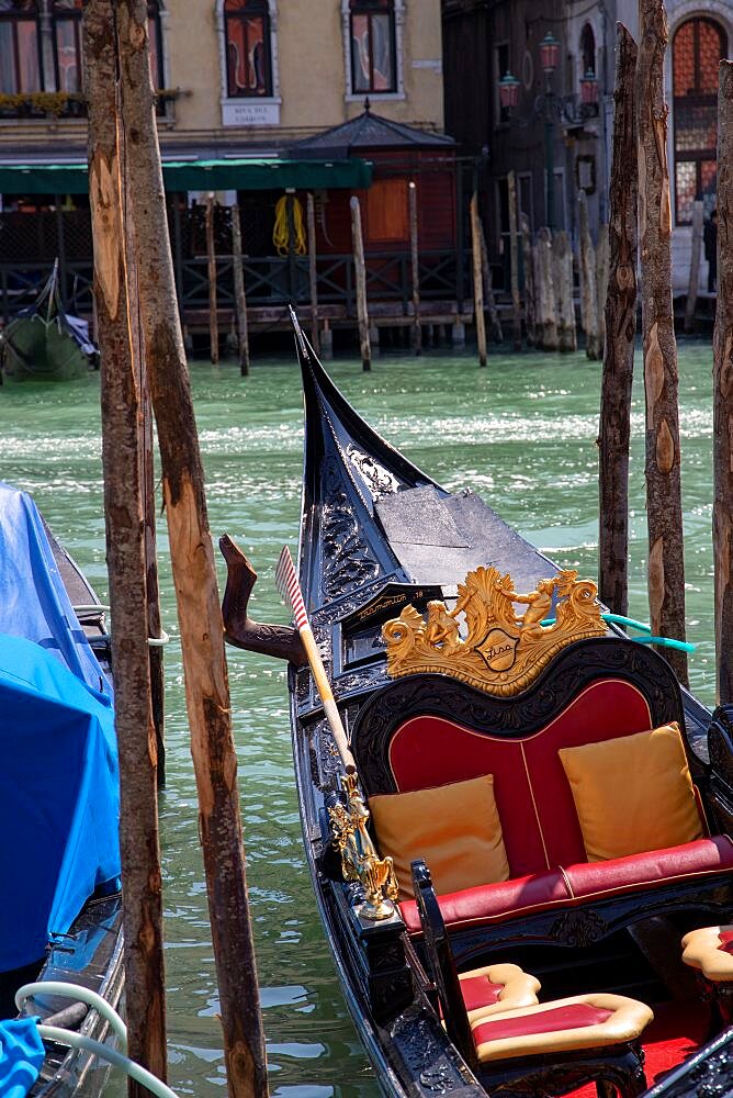 Gondola moored along a canal, Venice, Veneto, Italy