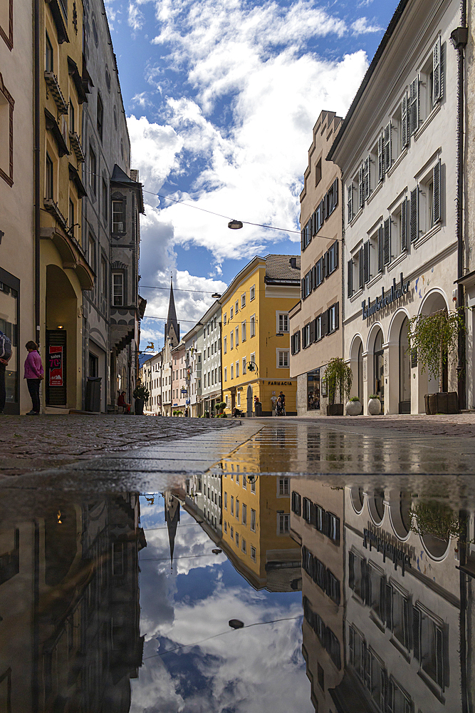 Central street, after rain in the old town, Bruneck, Sudtirol (South Tyrol) (Province of Bolzano), Italy, Europe