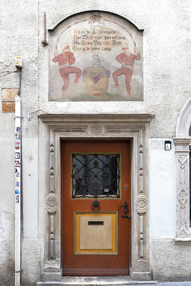 Detail of door and fresco in the old town of Bolzano (Bozen), Bozen district, Sudtirol (South Tyrol), Italy, Europe