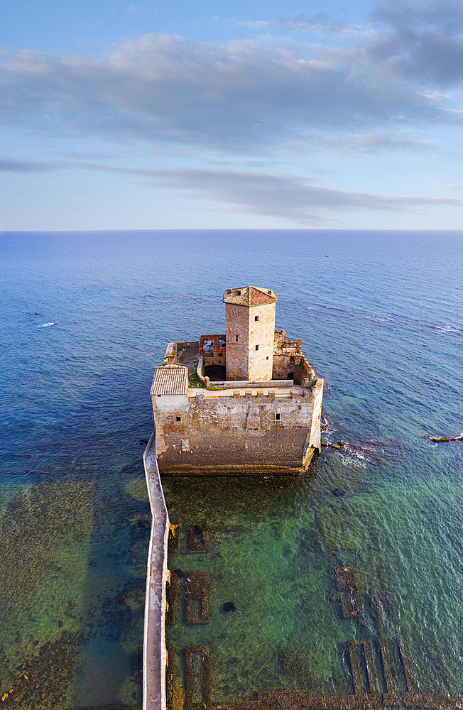 Panoramic view of the fortified castle of Torre Astura built in the water above the ruins of a Roman villa, Tyrrhenian Sea, Latium (Lazio), Italy, Europe