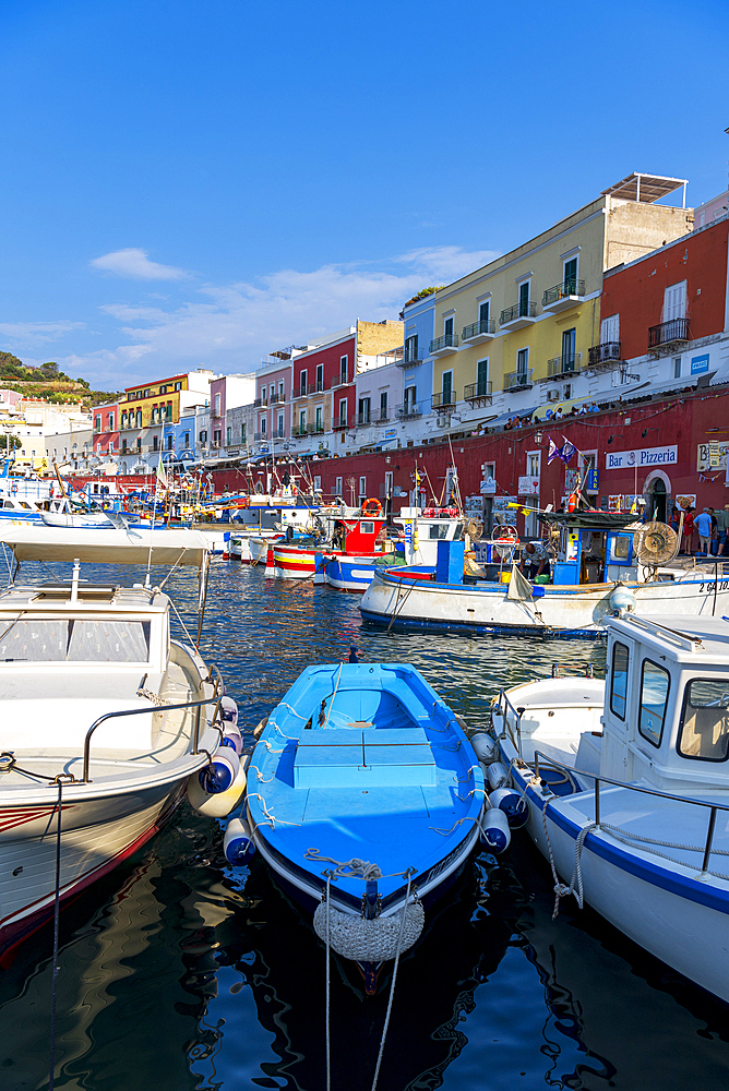 Small boats in the port of the colourful fishing village of Ponza, Ponza island, Pontine islands, Tyrrhenian Sea, Latina Province, Latium (Lazio), Italy, Europe