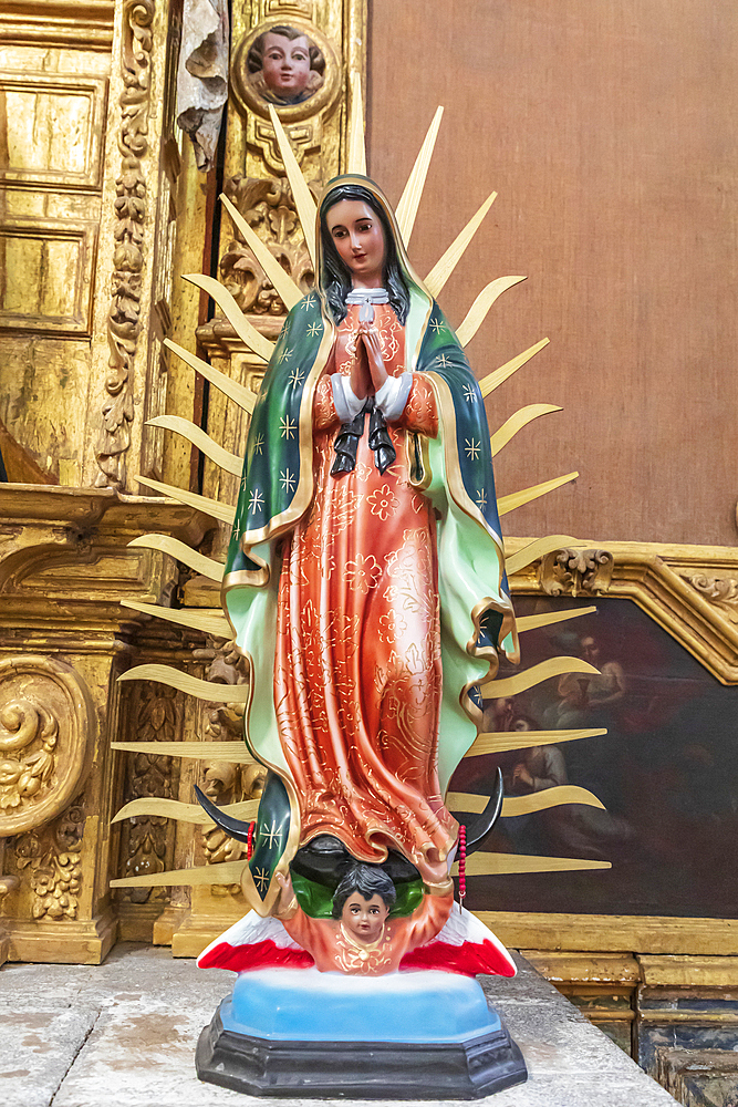 San Javier, Loreto, Baja California Sur, Mexico. Statue of Our Lady of Guadalupe in the San Francisco Mission in San Javier.