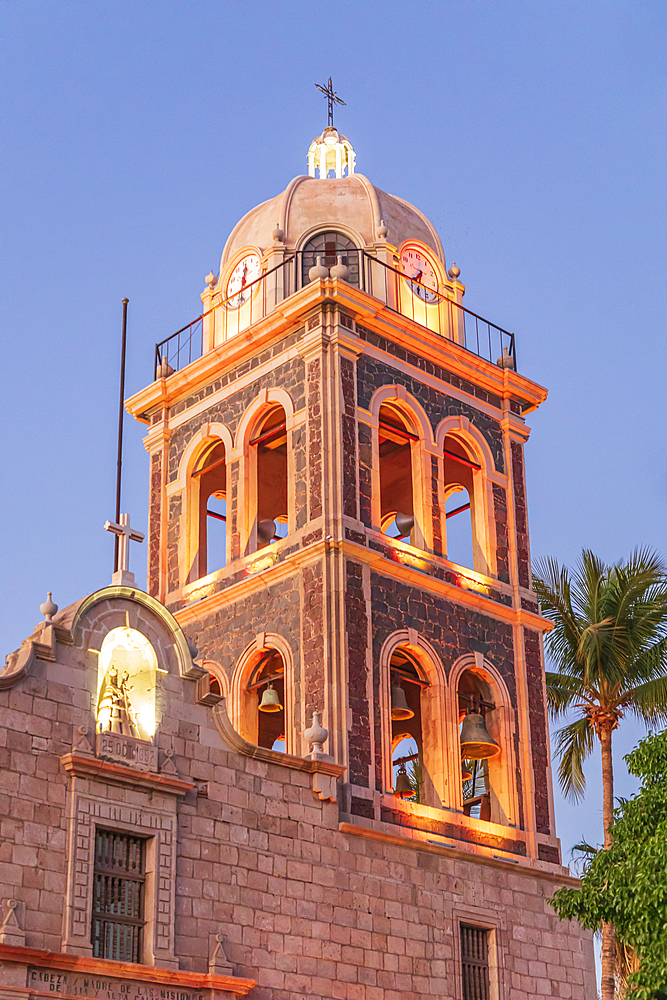 Loreto, Baja California Sur, Mexico. Bell tower on the Loreto Missioin church at sunset.