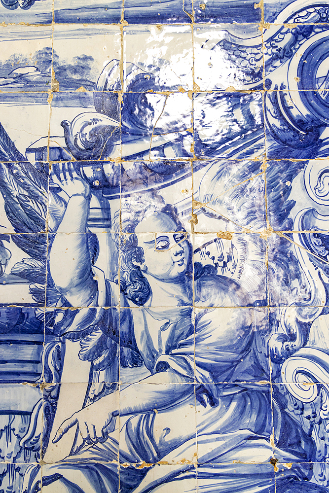 Europe, Portugal, Porto. April 7, 2022. Historic traditional hand painted azulejos tiles at the Porto Cathedral.