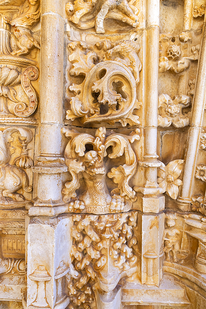 Europe, Portugal, Tomar. April 14, 2022. Stonework on the Convent of Christ in the Castle of Tomar. Built by the Knights Templar, a UNESCO World Heritage Site.