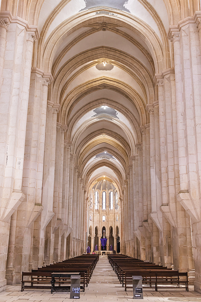 Europe, Portugal, Alcobaca. April 14, 2022. Interior of the Alcobaca Monastery, a UNESCO World Heritage Site.