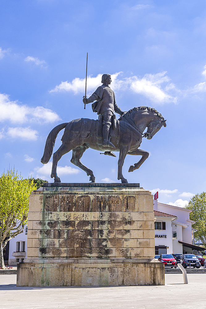 Europe, Portugal, Batalha. April 14, 2022. Statue of Nuno Alvares Pereira riding a horse.