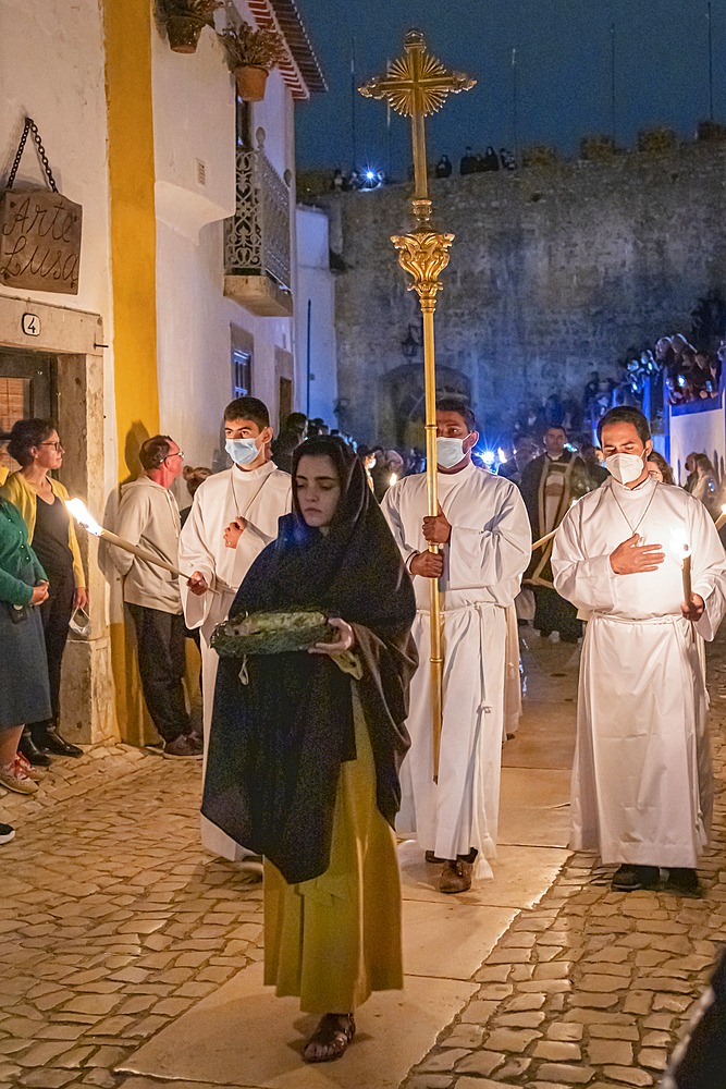 Europe, Portugal, Obidos. April 15, 2015. Good Friday procession in Obidos.