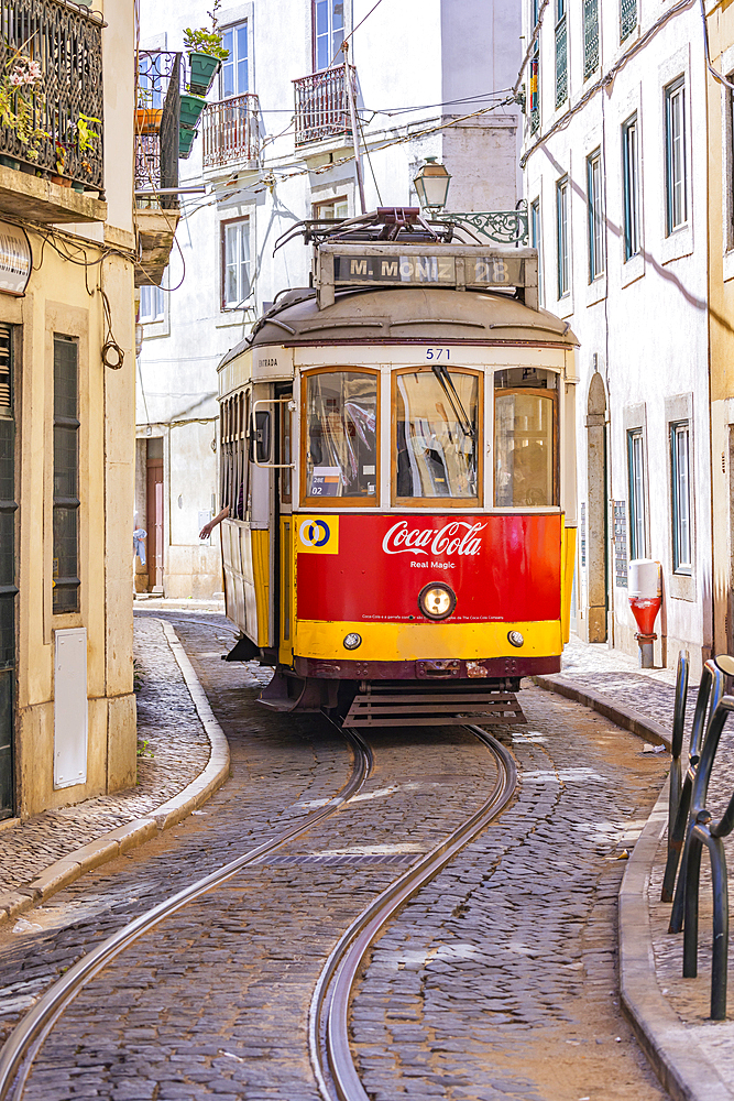 Europe, Portugal, Lisbon. April 18, 2022. Traditional electric street car in Lisbon.