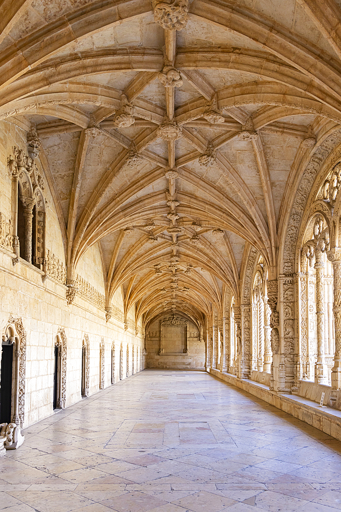 Europe, Portugal, Lisbon. April 19, 2022. The Jeronimos Monastery, burial site of Vasco da Gama, and an example of Portugese Gothic Maueline architecture. A UNESCO World Heritage Site.