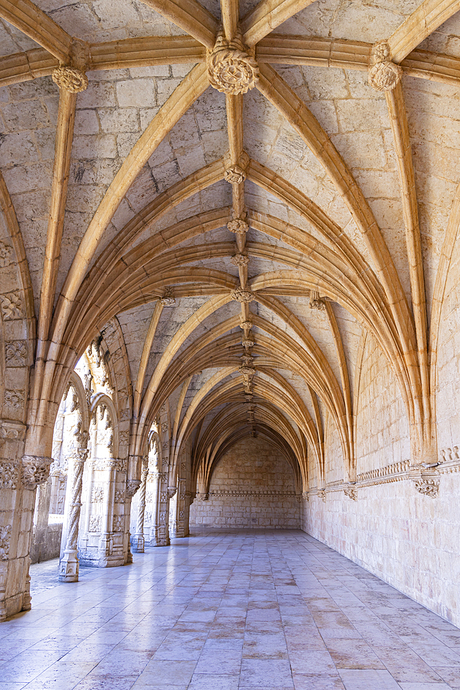 Europe, Portugal, Lisbon. April 19, 2022. The Jeronimos Monastery, burial site of Vasco da Gama, and an example of Portugese Gothic Maueline architecture. A UNESCO World Heritage Site.