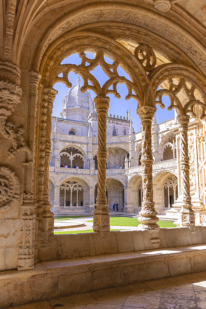 Europe, Portugal, Lisbon. April 19, 2022. The Jeronimos Monastery, burial site of Vasco da Gama, and an example of Portugese Gothic Maueline architecture. A UNESCO World Heritage Site.