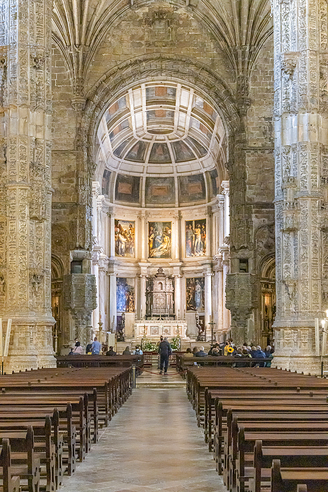 Europe, Portugal, Lisbon. April 19, 2022. The Jeronimos Monastery, burial site of Vasco da Gama, and an example of Portugese Gothic Maueline architecture. A UNESCO World Heritage Site.