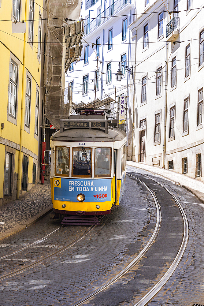 Europe, Portugal, Lisbon. April 19, 2022. Traditional electric streetcar in Lisbon.