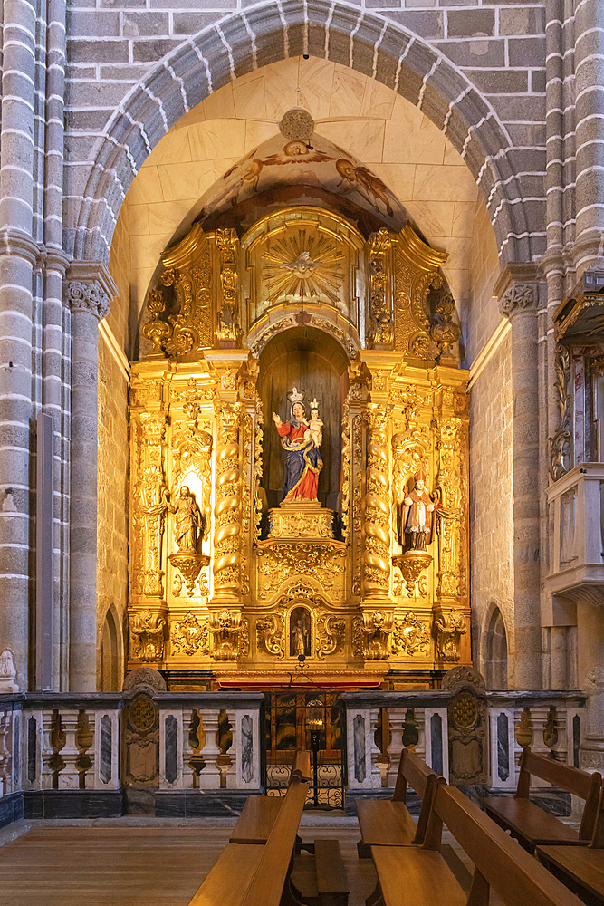 Europe, Portugal, Evora. April 20, 2022. Golden altar in the Church of Saint Francisco.