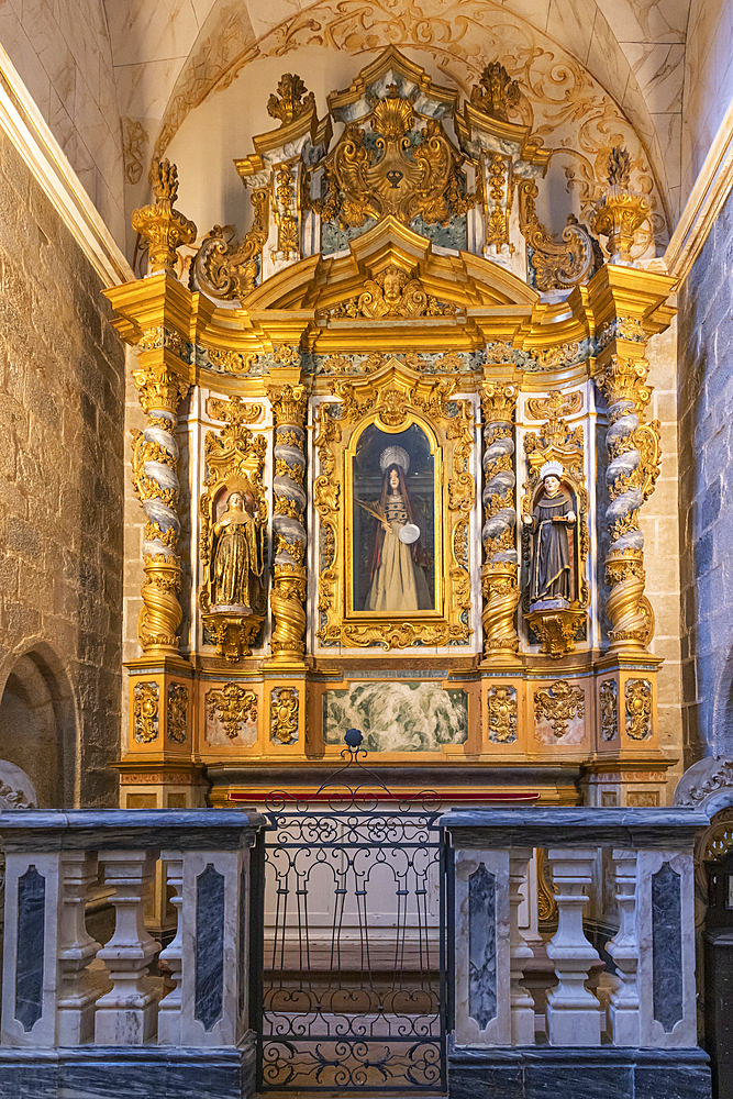 Europe, Portugal, Evora. April 20, 2022. Golden altar in the Church of Saint Francisco.