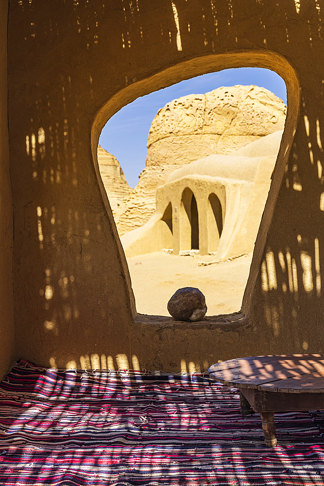 Wadi al Hitan, Faiyum, Egypt. February 20, 2022. Inside a sun shelter at Wadi el-Hitan paleontological site.