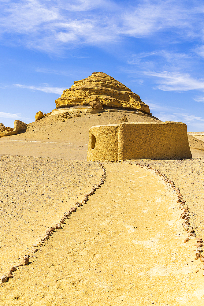 Wadi al Hitan, Faiyum, Egypt. February 20, 2022. Small building along the interpretive trail at Wadi el-Hitan paleontological site.