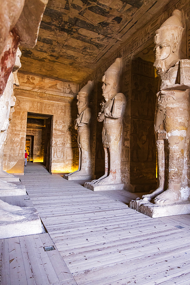 Abu Simbel, Aswan, Egypt. February 22, 2022. Osiris pillars in the Hypostyle Hall of the Great Temple of Ramesses II.