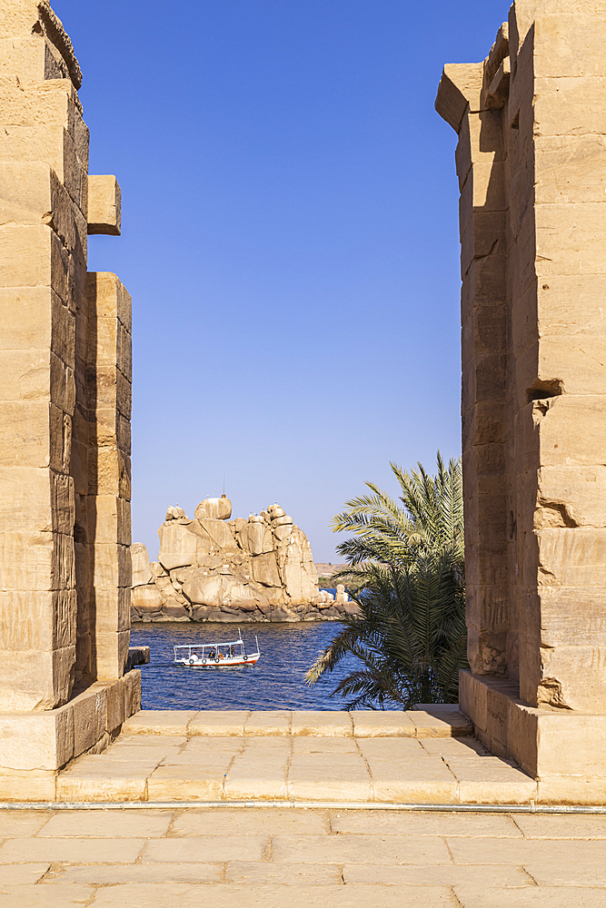 Agilkia Island, Aswan, Egypt. February 24, 2022. Tour boat at Philae Temple, a UNESCO World Heritage Site.