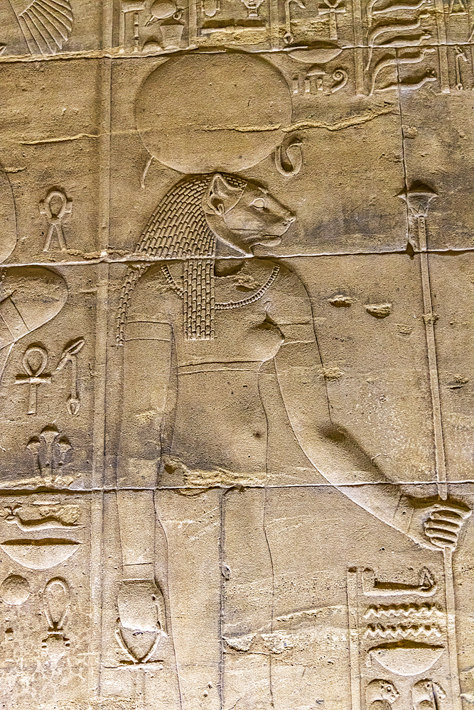 Agilkia Island, Aswan, Egypt. February 24, 2022. Carved mural at the Philae Temple, a UNESCO World Heritage Site.