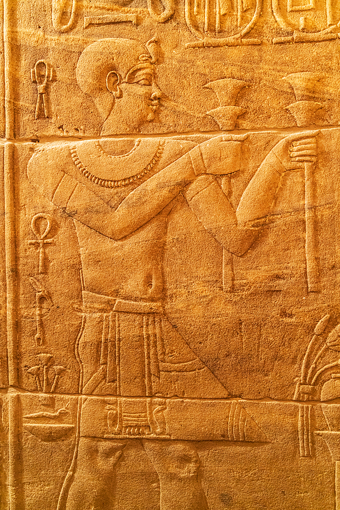 Agilkia Island, Aswan, Egypt. February 24, 2022. Carved mural at the Philae Temple, a UNESCO World Heritage Site.