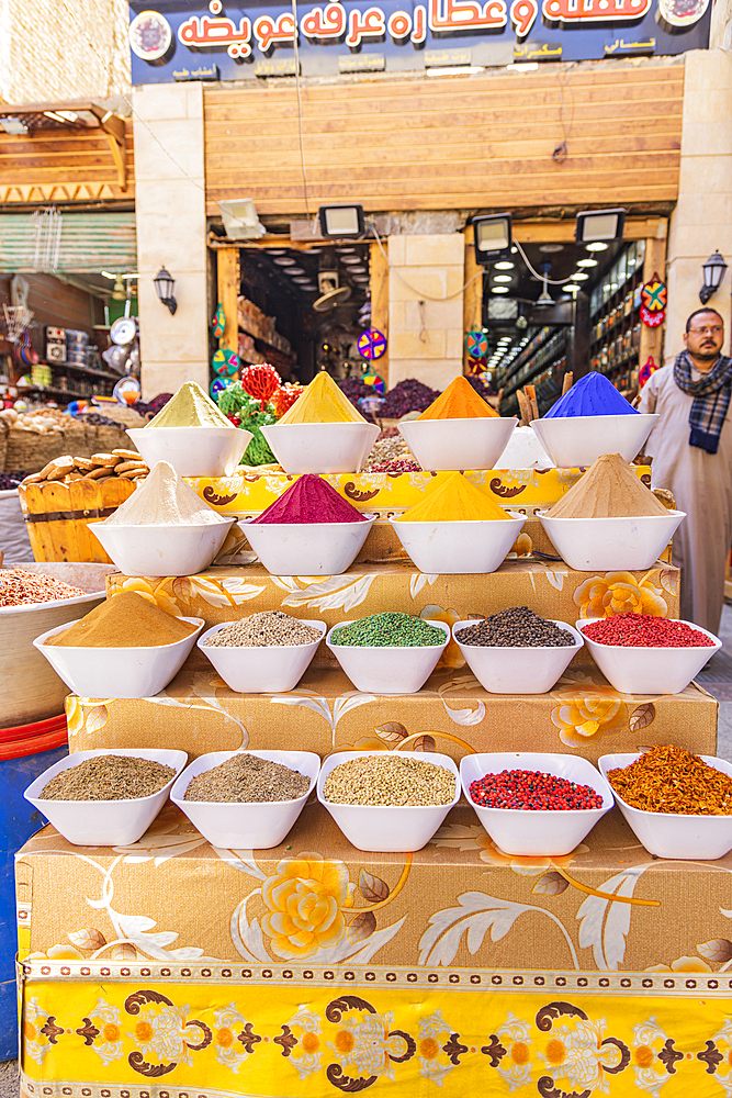 Thebes, Luxor, Egypt. February 24, 2022. Colorful spices for sale in Luxor.