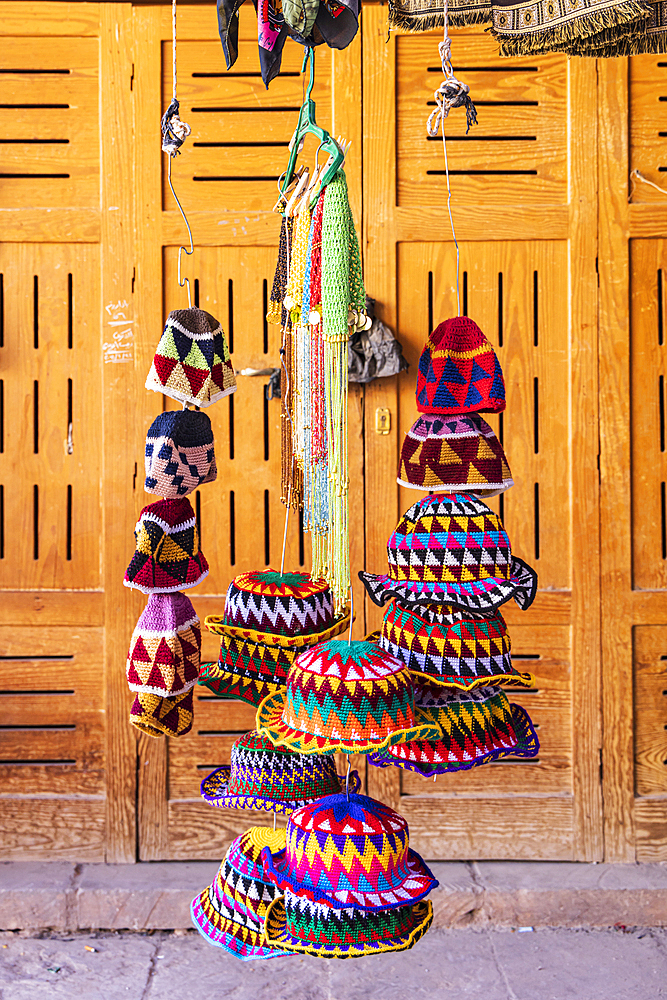 Valley of the Kings, Luxor, Egypt. February 26, 2022. Hats for sale at a tourist shop at the Valley of the Kings at Luxor.