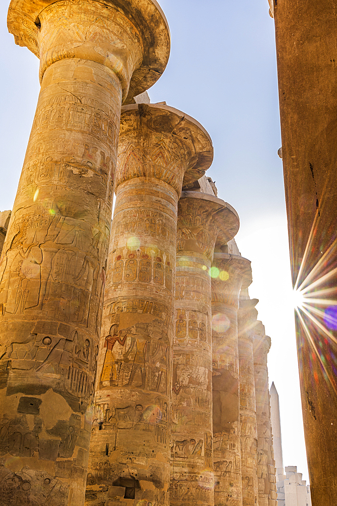 Karnak, Luxor, Egypt. Columns of the Great Hypostyle Hall at the Karnak Temple complex in Luxor.