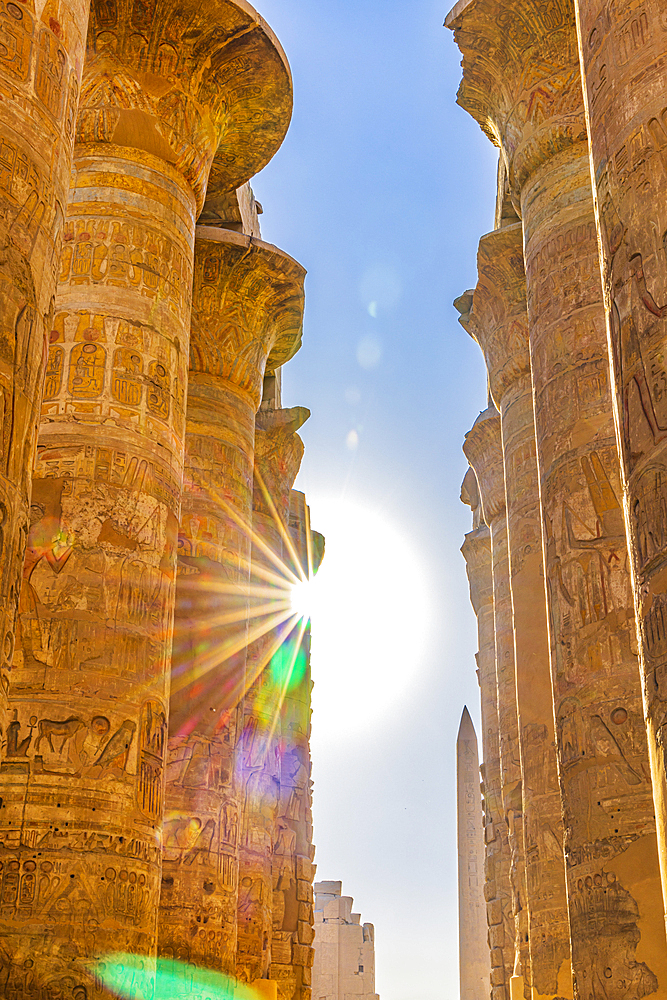 Karnak, Luxor, Egypt. Columns of the Great Hypostyle Hall at the Karnak Temple complex in Luxor.