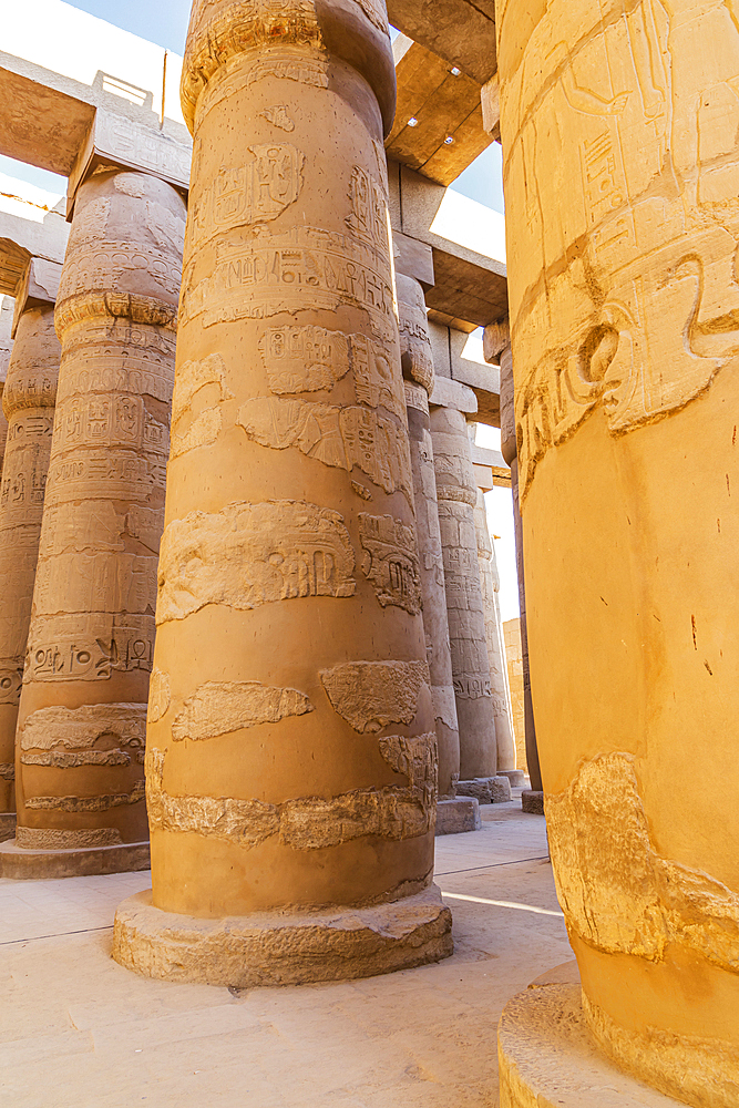 Karnak, Luxor, Egypt. Columns of the Great Hypostyle Hall at the Karnak Temple complex in Luxor.