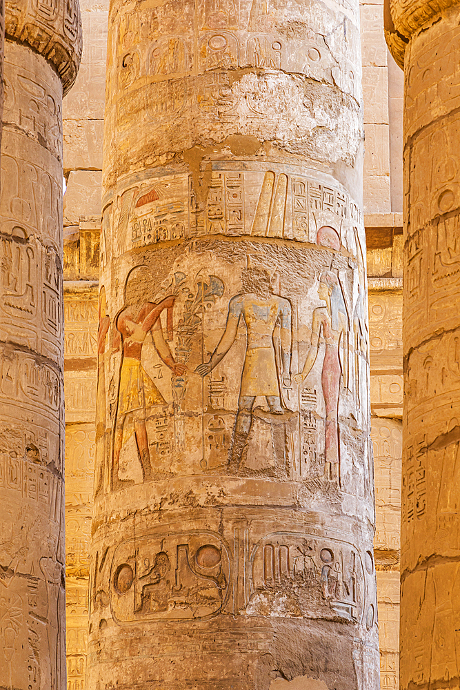 Karnak, Luxor, Egypt. Columns of the Great Hypostyle Hall at the Karnak Temple complex in Luxor.