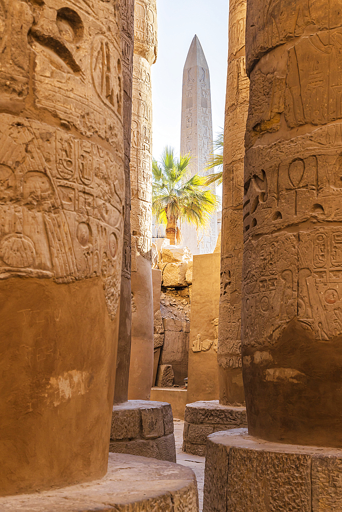 Karnak, Luxor, Egypt. Obelisk of Queen Hatshepsut through columns of the Great Hypostyle Hall at the Karnak Temple complex in Luxor.