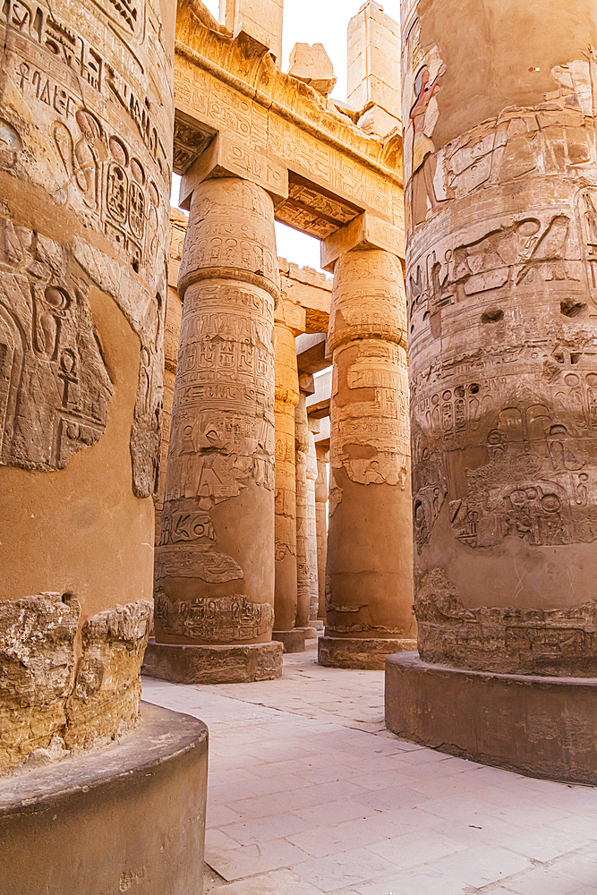 Karnak, Luxor, Egypt. Columns in the Great Hypostyle Hall in the Karnak Temple complex in Luxor.