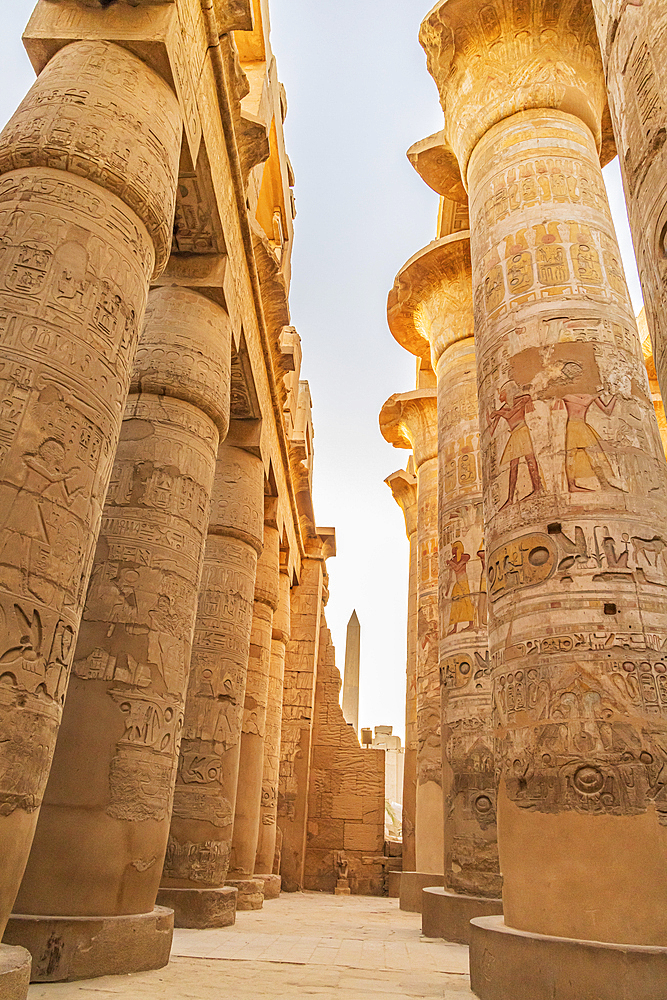 Karnak, Luxor, Egypt. Columns in the Great Hypostyle Hall in the Karnak Temple complex in Luxor.