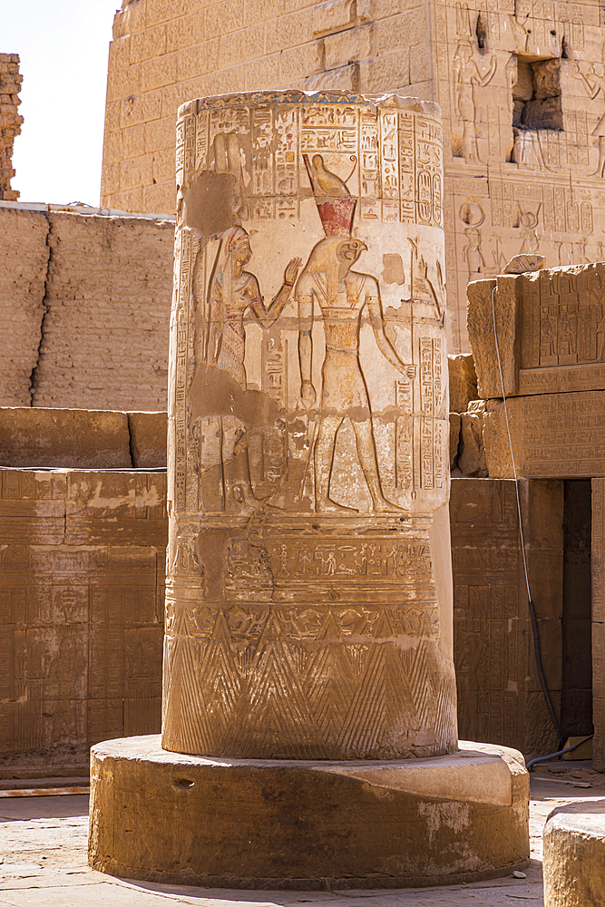 Kom Ombo, Aswan, Egypt. Broken decorated column at the Kom Ombo temple complex.