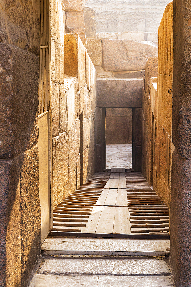 Giza, Cairo, Egypt. Temple ruins at the Great Pyramid complex in Giza.