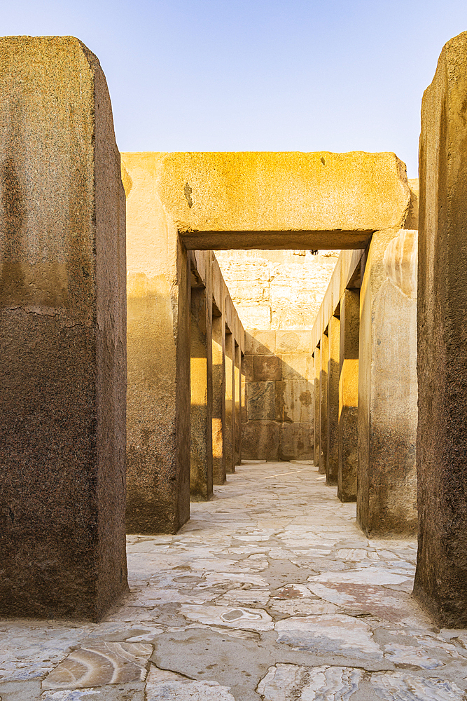 Giza, Cairo, Egypt. Temple ruins at the Great Pyramid complex in Giza.