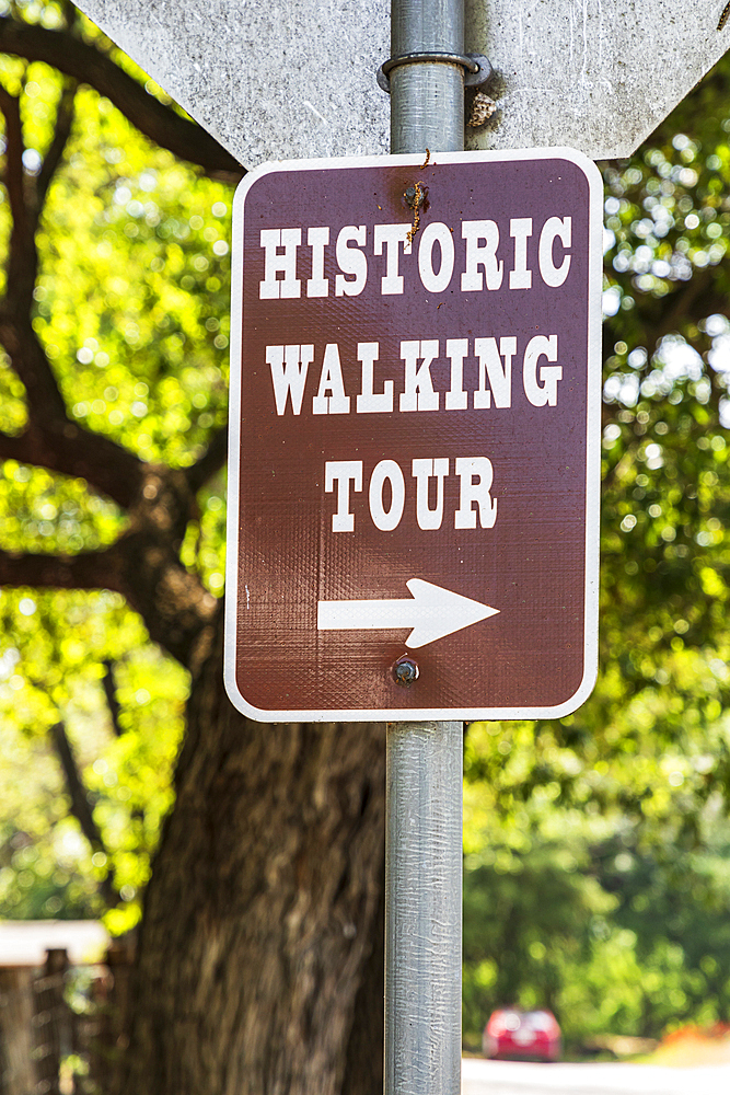 Castroville, Texas, USA. April 12, 2021. Historic walking tour sign in the Texas hill country.