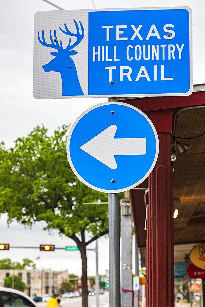 Fredericksburg, Texas, USA. Road sign for the Texas Hill Country Trail.