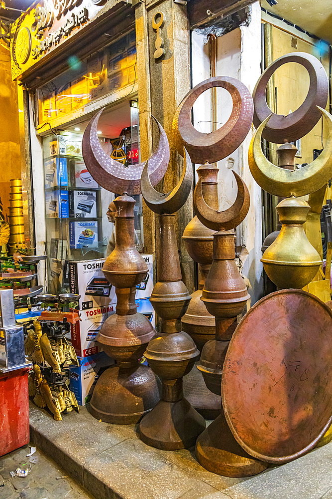 Cairo, Egypt. February 18, 2022. Decorative metal work at a shop on El Moez street in Old Cairo.