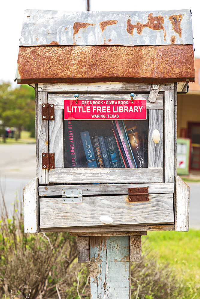 Waring, Texas, USA. April 14, 2021. Little free library in the Texas hill country.